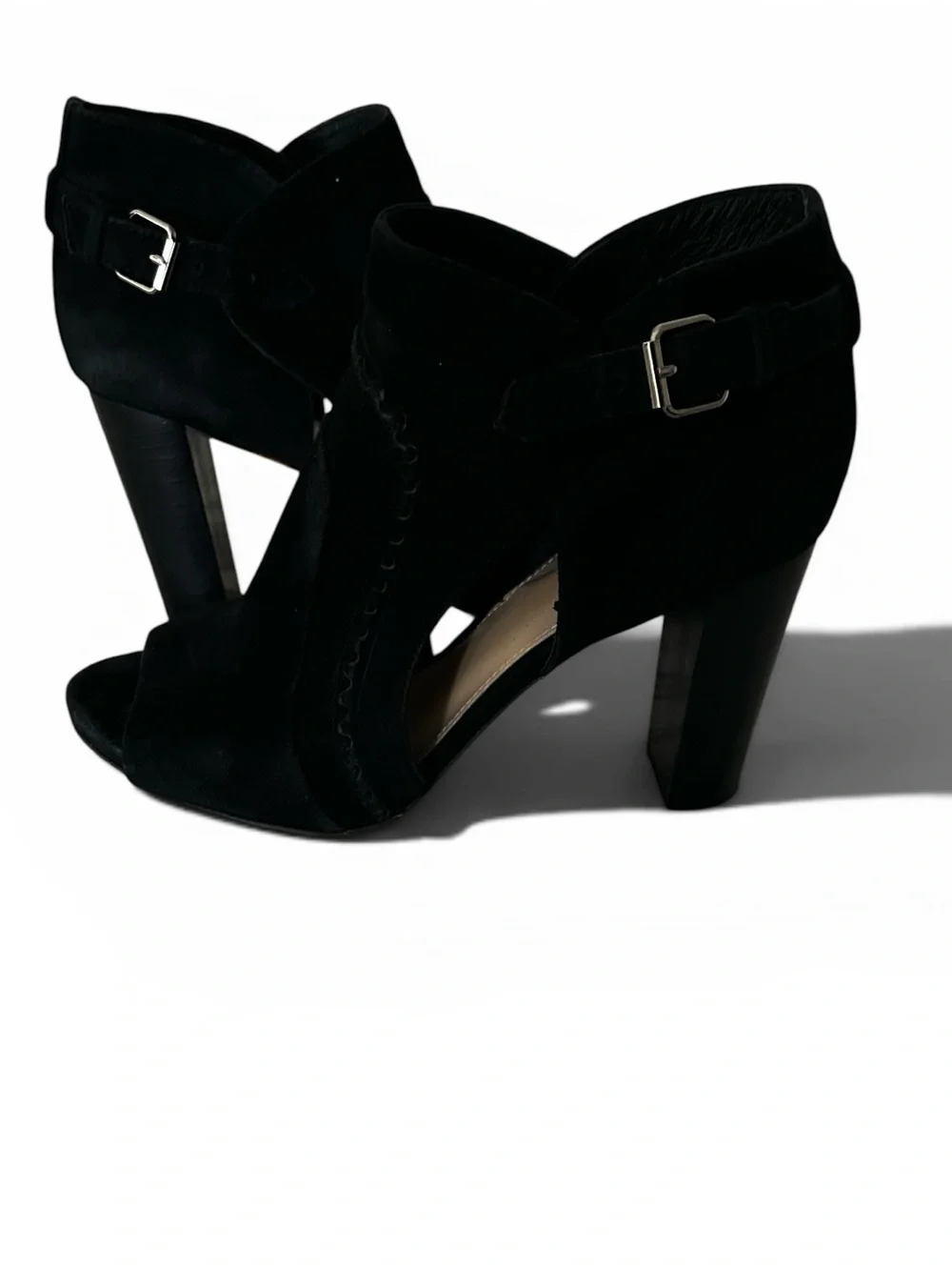 Vince Camuto Black Suede Conley Peep Toe Heels Buckle Size 8